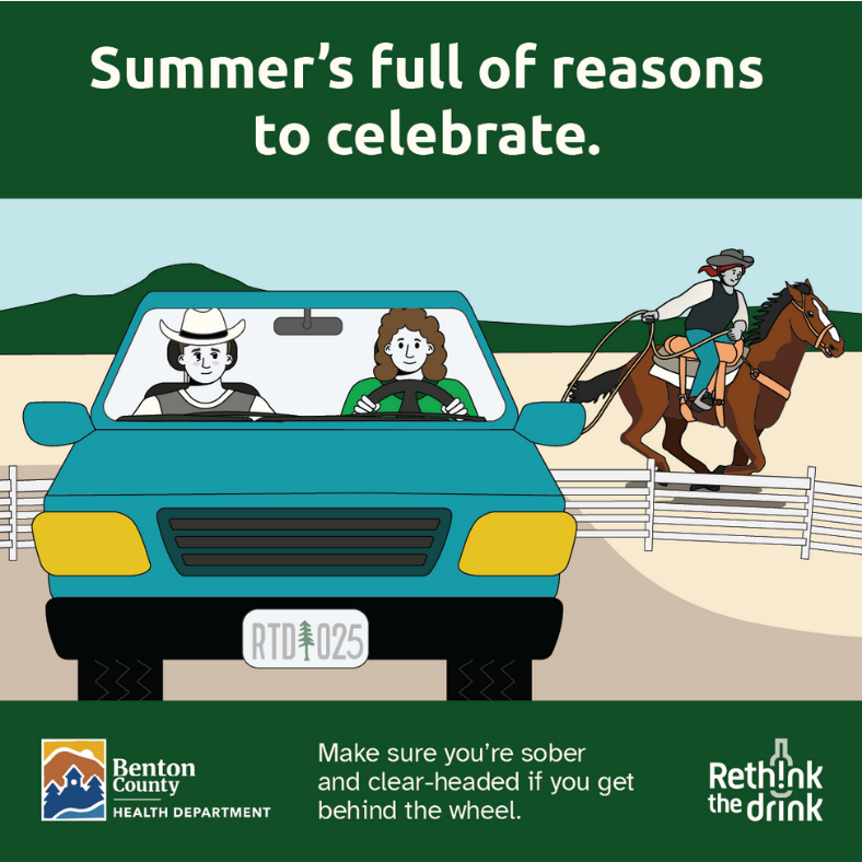 Two people in a teal car, the passenger is wearing a cowboy hat. In the background, a person riding a horse carries a lasso. Text reads, "Summer's full of reasons to celebrate."
