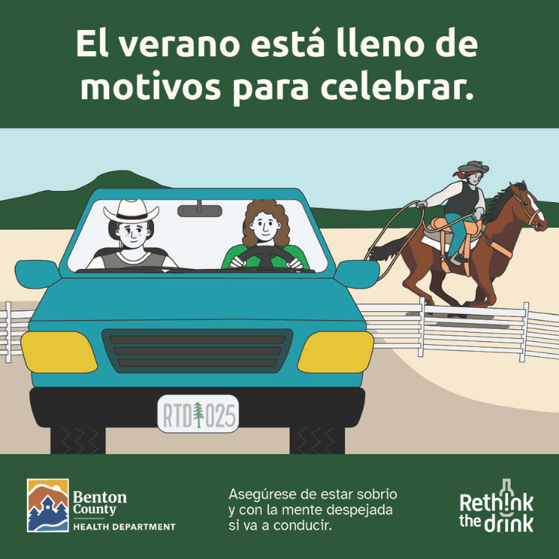 Two people in a teal car, the passenger is wearing a cowboy hat. In the background, a person riding a horse carries a lasso. Text reads, "Summer's full of reasons to celebrate."