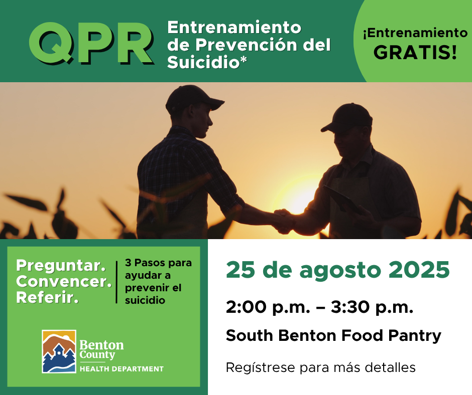 Details for Monroe QPR training in shades of green with image of two men wearing hats shaking hands in a field during sunset.