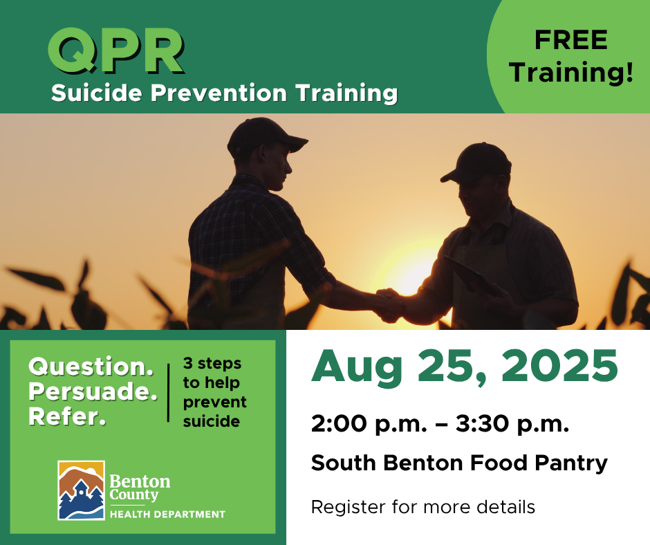 Details for Monroe QPR training in shades of green with image of two men wearing hats shaking hands in a field during sunset.