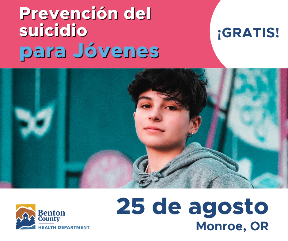 A teenager with short, wavy black hair wearing a grey sweatshirt and silver hoop earring. Text reads, "Suicide prevention for teens. Free training! August 25 Monroe, OR"