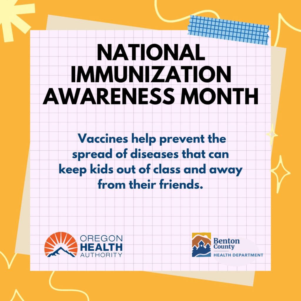 An animation of graph paper taped onto a golden background with pale yellow doodles. Text reads: National Immunization Awareness Month. Vaccines help prevent the spread of diseases that can keep kids out of class and away from their friends.