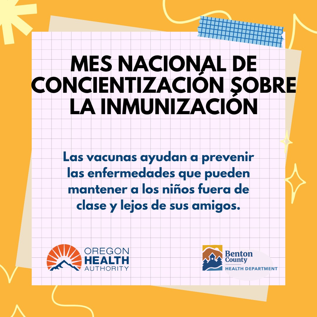 Animación de papel milimétrico pegado sobre un fondo naranja con garabatos en amarillo pálido. El texto dice: Mes Nacional de Concientización sobre la Inmunización. Las vacunas ayudan a prevenir las enfermedades que pueden mantener a los niños fuera de clase y lejos de sus amigos.