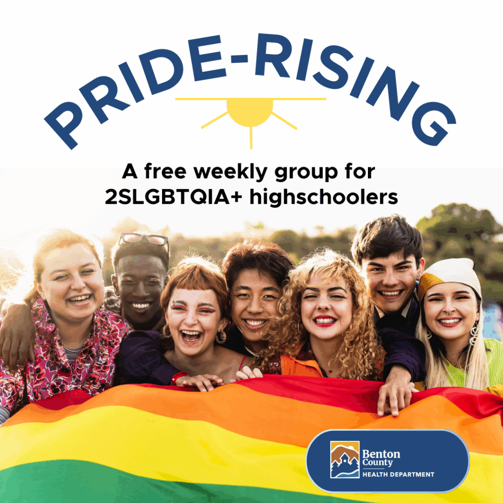 A diverse group of smiling teens holding a pride flag. Text reads, "Pride Rising, a free weekly group for 2SLGBTQIA+ highschoolers."