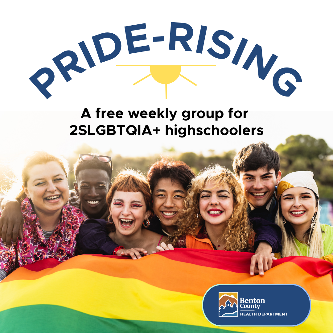 A diverse group of smiling teens holding a pride flag. Text reads, "Pride Rising, a free weekly group for 2SLGBTQIA+ highschoolers."