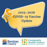 A yellow megaphone with a speech bubble that reads "2025-2026 COVID-19 Vaccine Update" in dark blue text.