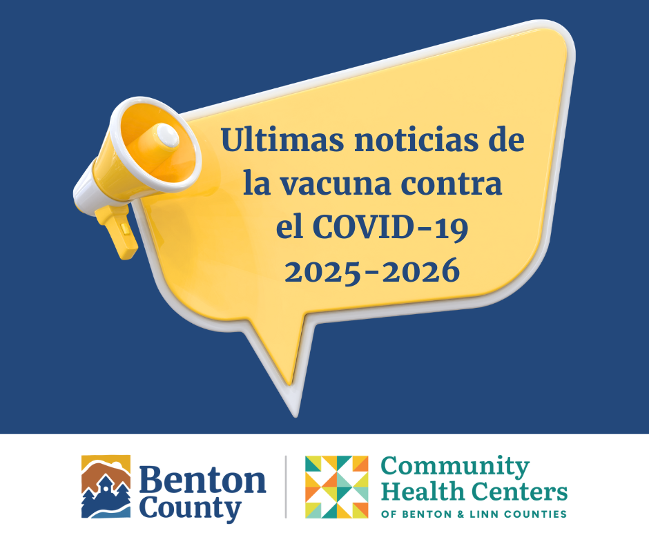 Un megáfono amarillo con un globo de diálogo que dice "Ultimas noticias de la vacuna contra el COVID-19 2025-2026" en texto azul oscuro.