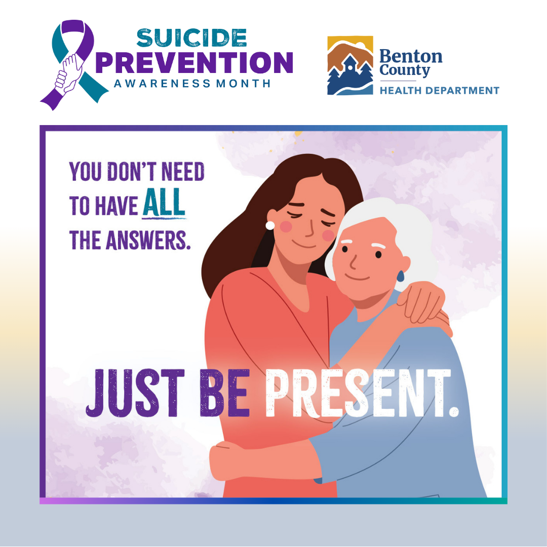 An illustration of two people hugging. Text reads, “You don’t have to have all the answers, just be present.”