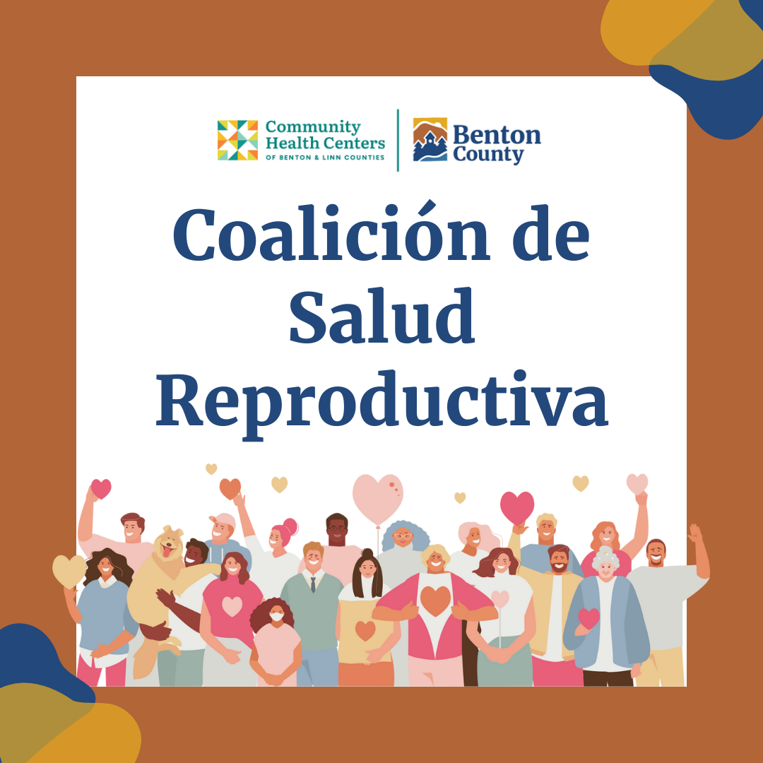 Ilustración de un grupo grande de personas felices celebrando y sosteniendo objetos en forma de corazón. El texto dice: "Coalición de Salud Reproductiva".