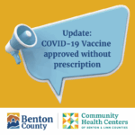 On a golden yellow background, a light blue megaphone with a speech bubble that reads "Update: COVID-19 Vaccine approved without prescription" in dark blue text.