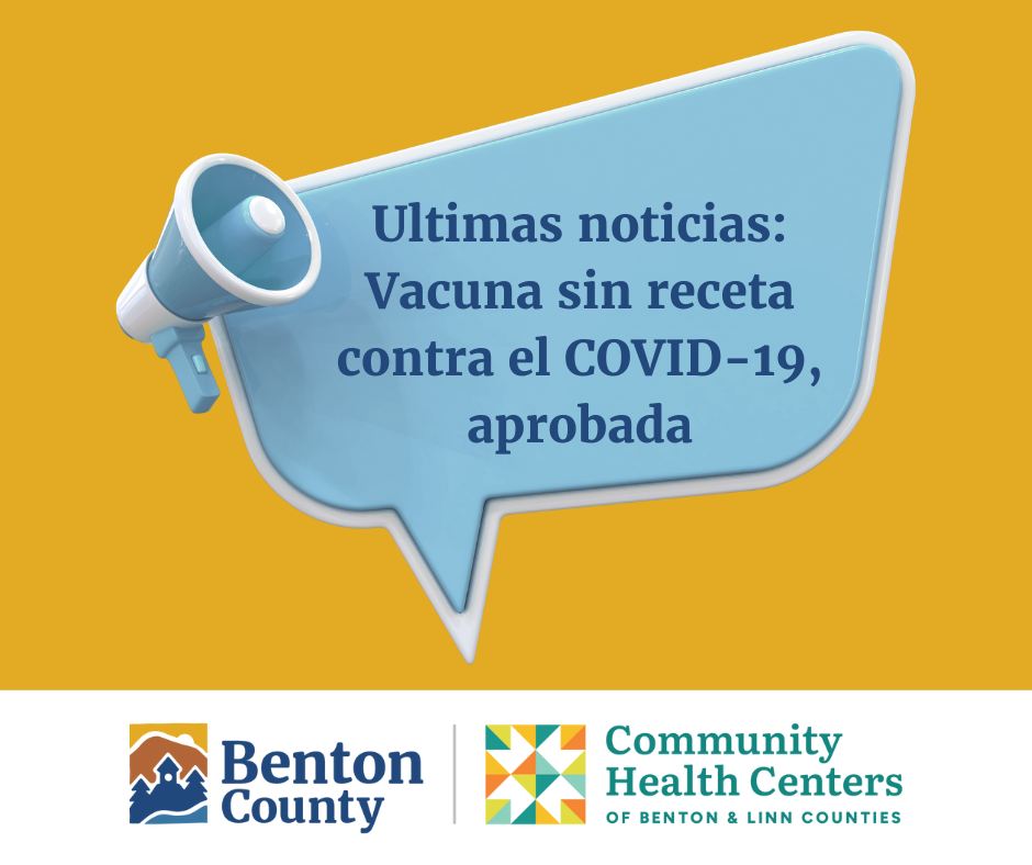 En un fondo amarillo, un megáfono azul claro con un globo de diálogo que dice " Ultimas noticias: Vacuna sin receta contra el COVID-19, aprobada" en texto azul oscuro.