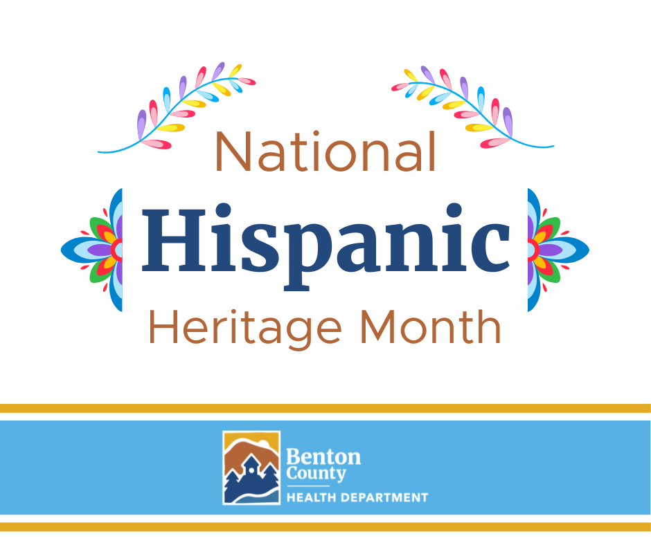 Text that reads “National Hispanic Heritage Month” decorated with colorful floral designs.