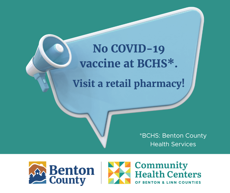On a teal background, a light blue megaphone with a speech bubble that reads "No COVID-19 Vaccine at Benton County Health Services. Visit a pharmacy!" in dark blue text.
