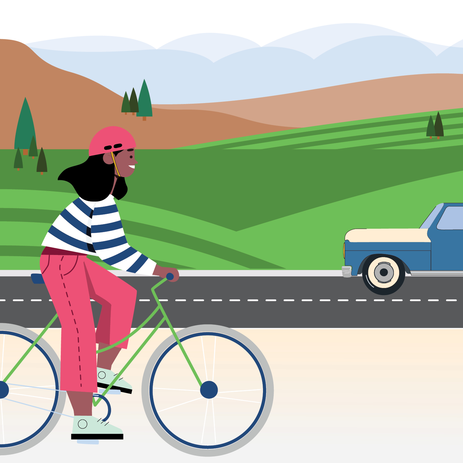 An illustration of a person riding a bike on a path near a road with green grass, trees, and hills in the background.