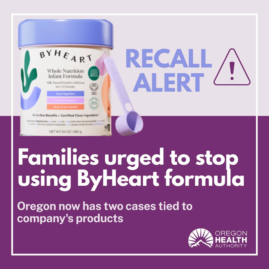 A container of ByHeart infant formula on a purple background with text that reads “Recall alert: Families urged to stop using ByHeart formula.”