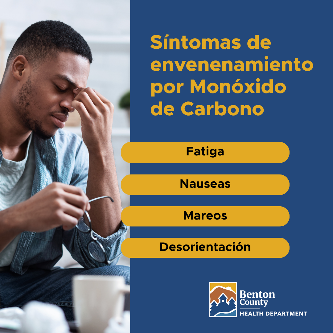 Un hombre se toca el puente de la nariz como si se sintiera mal. El texto dice: “Síntomas de intoxicación por monóxido de carbono: fatiga, náuseas, mareos, desorientación”.