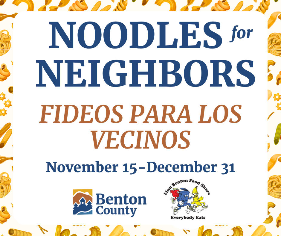 A border of various dried pasta noodle shapes with dark blue text that reads, “Noodles for Neighbors November 15-December 31.” / Un borde con diferentes formas de pasta seca y texto azul oscuro que dice: "Fideos para los Vecinos del 15 de noviembre al 31 de diciembre".