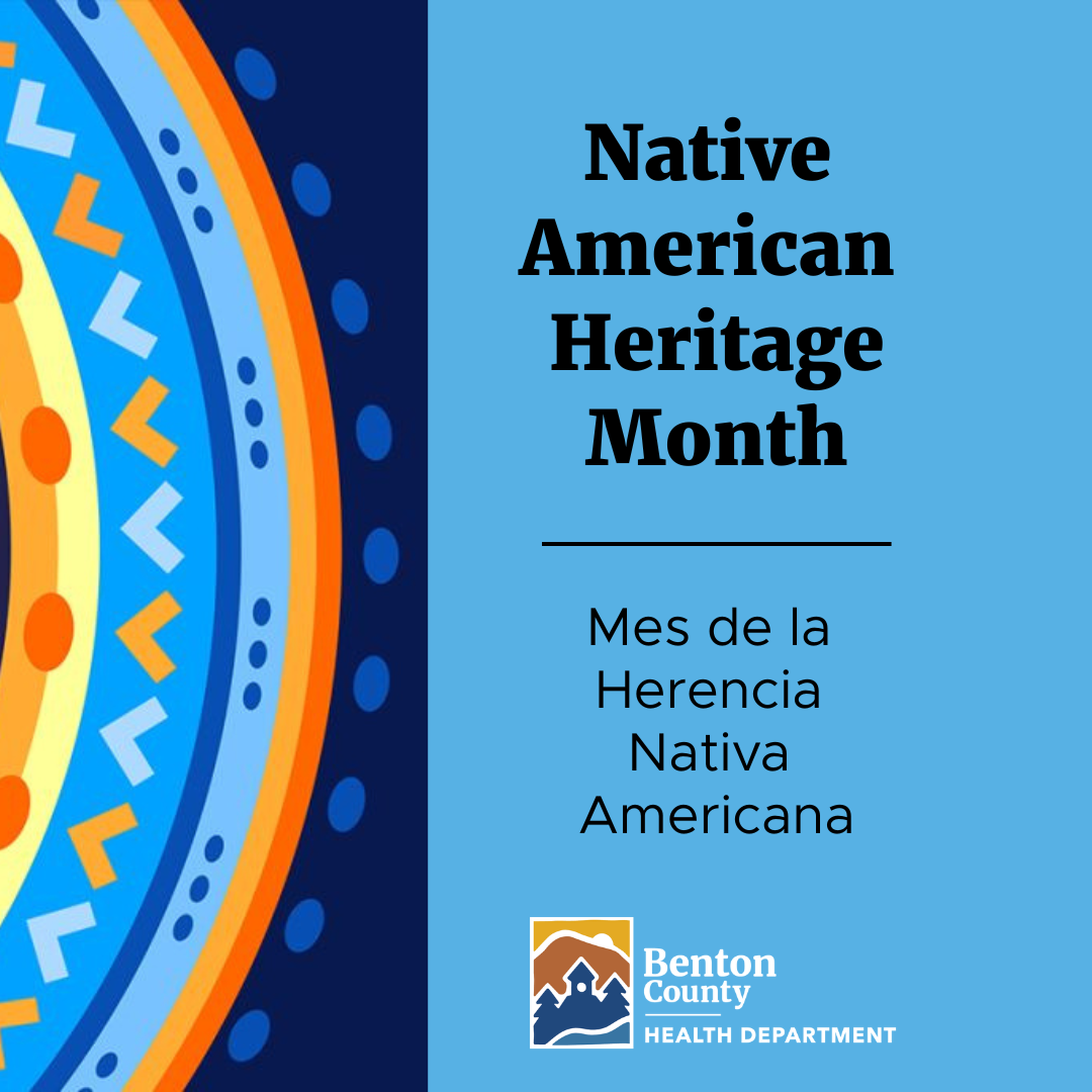 A tribal design in shades of blue, orange, and yellow with text that reads, “Native American Heritage Month.” / Un diseño tribal en tonos azules, naranjas y amarillos con el texto que dice: "Mes de la Herencia Nativa Americana"