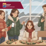 People at a table covered in holiday decor using cell phones to find safe rides home.