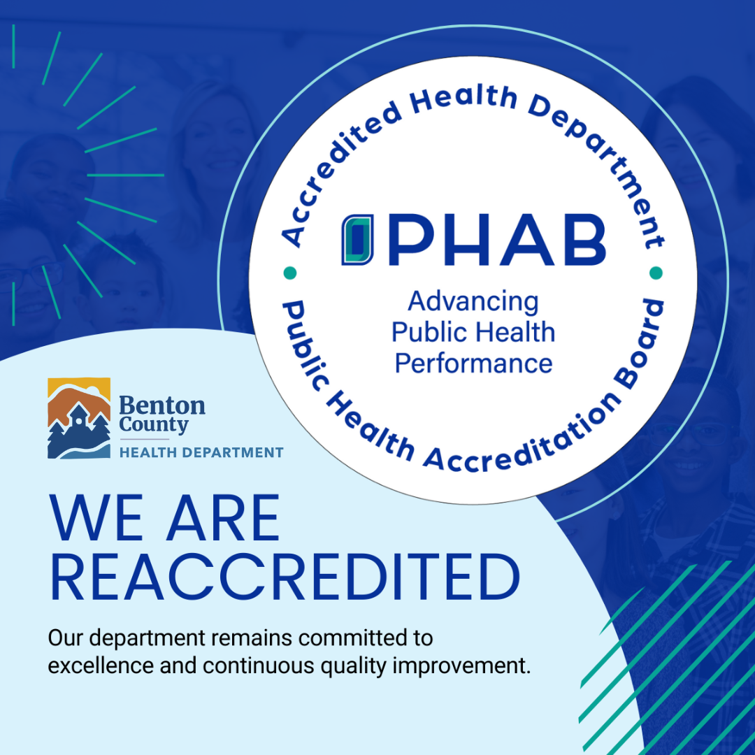 Public Health Accreditation Board (PHAB) seal with text that reads “We are reaccredited. Our department remains committed to excellence and continuous quality improvement.”