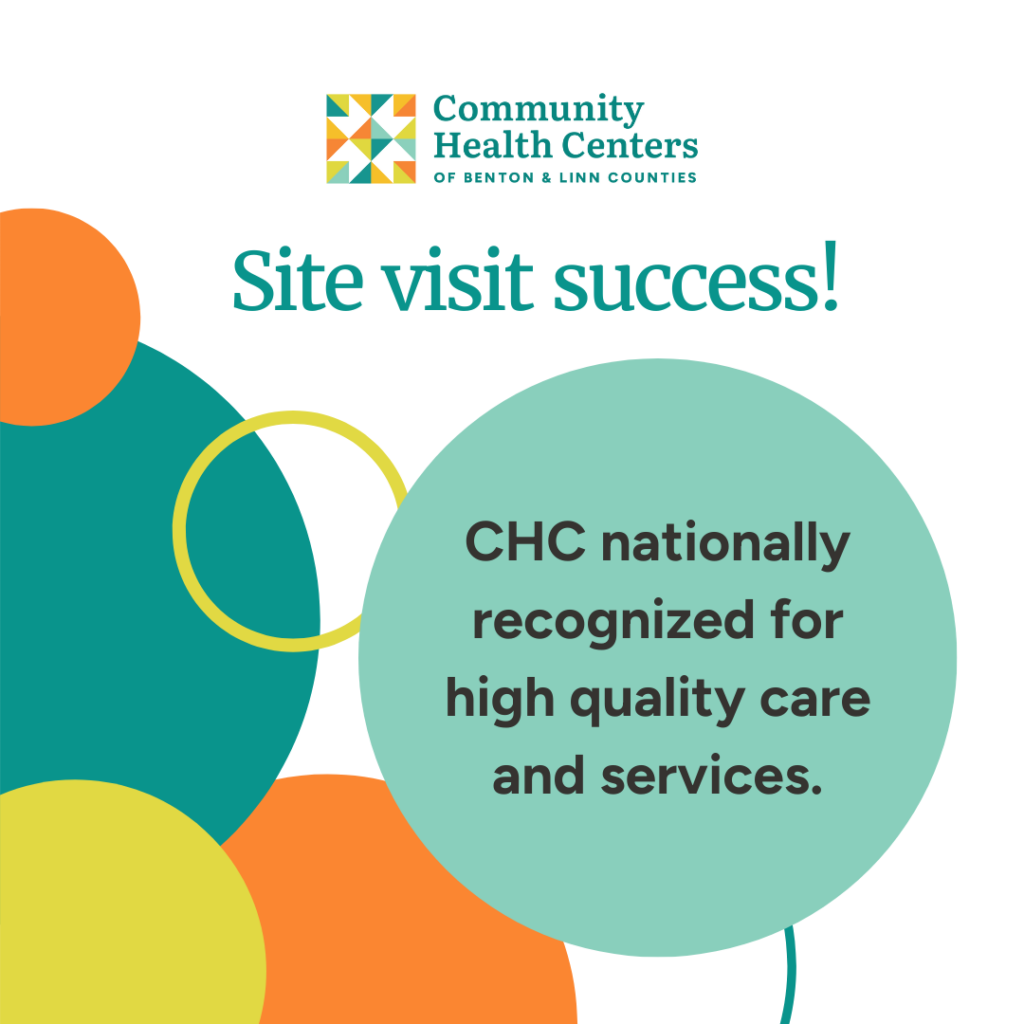 Various circles in teal, orange, and yellow with text that reads “We’re reapproved! CHC nationally recognized for high quality care and services.”