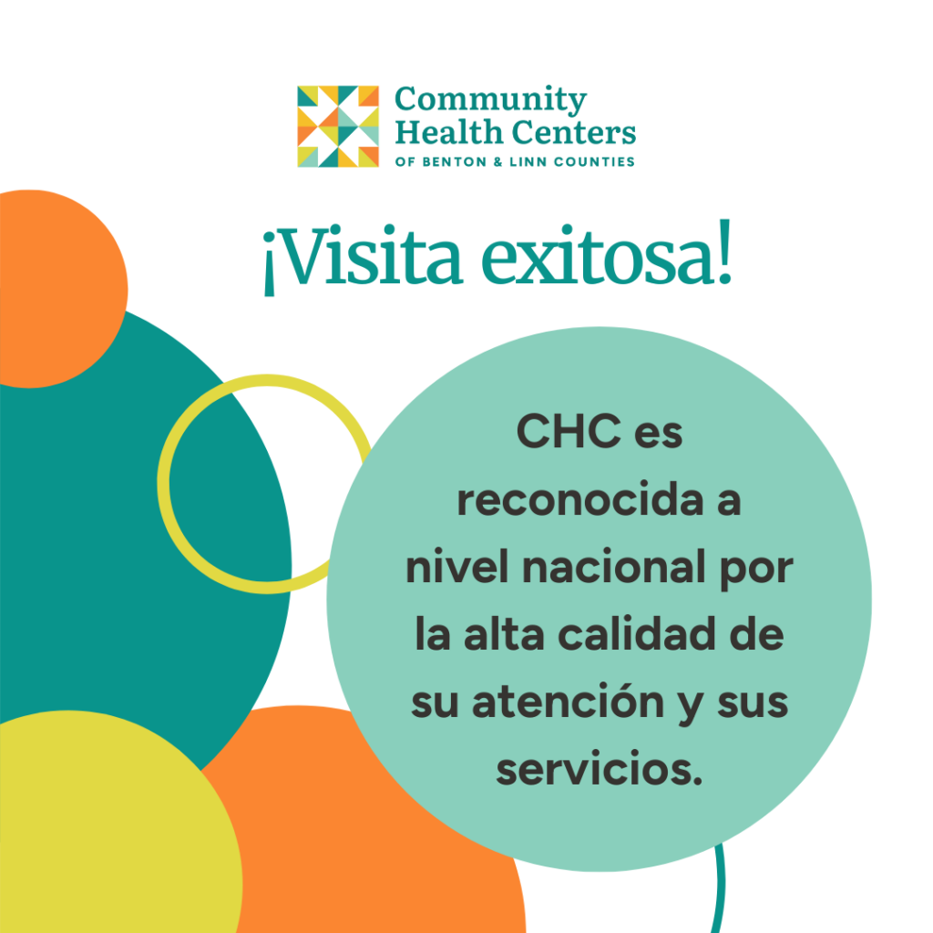 Varios círculos en color turquesa, naranja y amarillo con el texto que dice: “¡Visita exitosa! CHC es reconocido a nivel nacional por la alta calidad de su atención y servicios”.