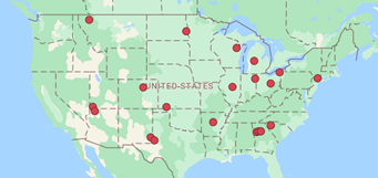 A map of the United States with red dots on states with measles outbreaks in 2025.