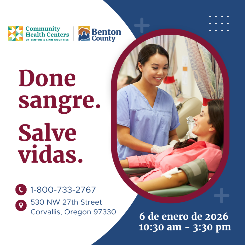 A person donating blood. Text reads: "Give blood. Save lives."