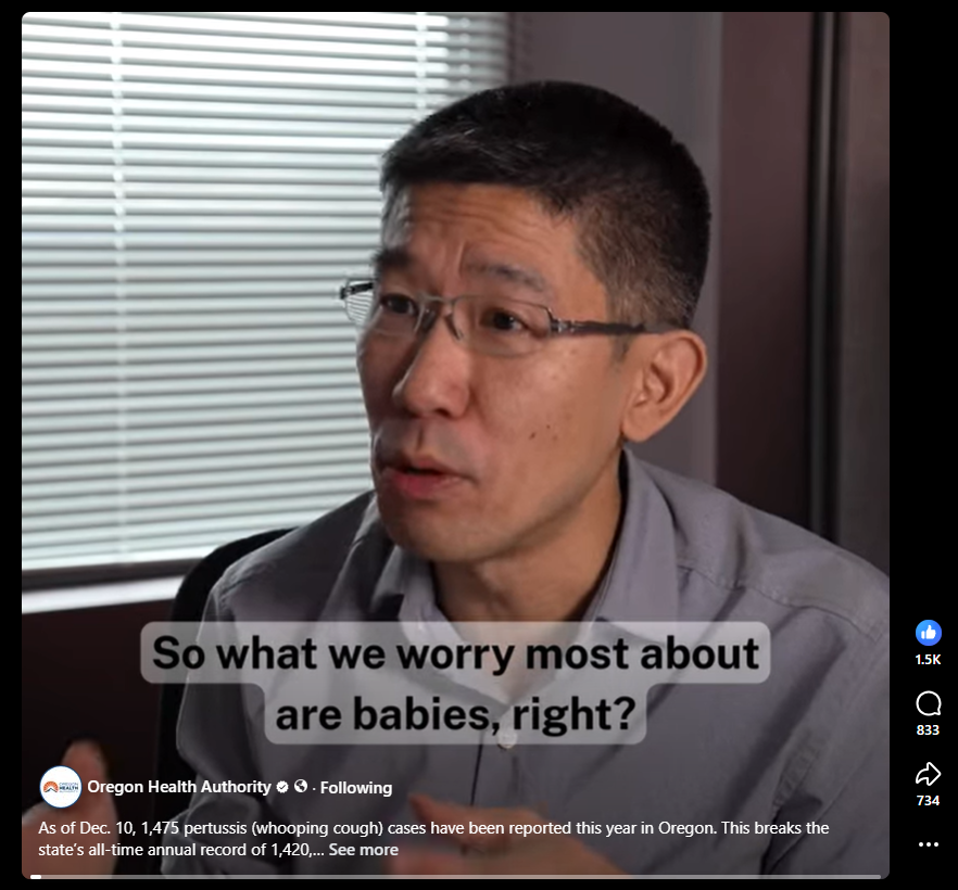 A screen capture of a video with a medical director explaining the impact of pertussis on babies.