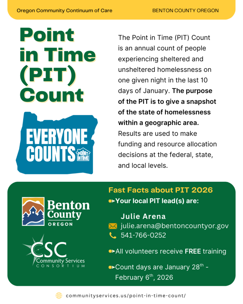 A flyer for the annual Benton County Point-in-Time (PIT) Count between January 28 and February 6, 2026 with local contact information, a brief description, and logos from Community Services Consortium and Benton County, Oregon.