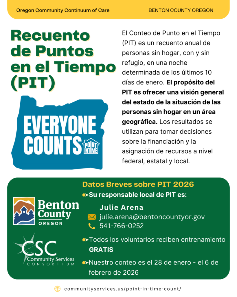 Un folleto informativo sobre el recuento anual de personas sin hogar (PIT) del Condado de Benton, que se realizará entre el 28 de enero y el 6 de febrero de 2026, con información de contacto local, una breve descripción y los logotipos de Community Services Consortium y el Condado de Benton, Oregón.