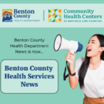 A person with a megaphone announces Benton County Health Services News.