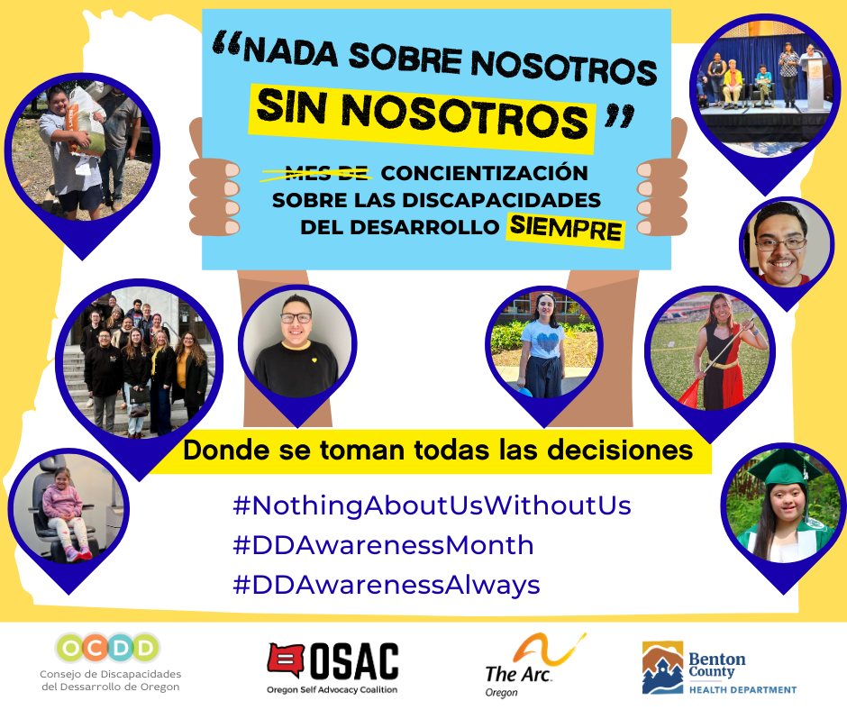 “¡Nada sobre nosotros sin nosotros!”, declara este gráfico que promueve el Mes de crear Conciencia sobre las Discapacidades del Desarrollo.
