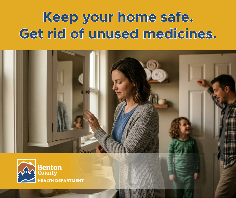 Family in a bathroom with a woman opening a medicine cabinet, promoting safe disposal of unused medicines.