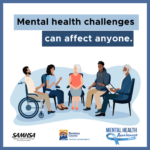 Diverse group in a mental health support session with text emphasizing mental health challenges affect everyone.
