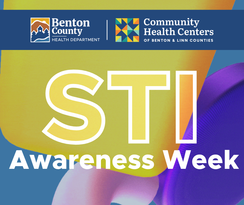 A background of colorful shapes and the Benton County Health Services logo promoting STI Awareness Week.
