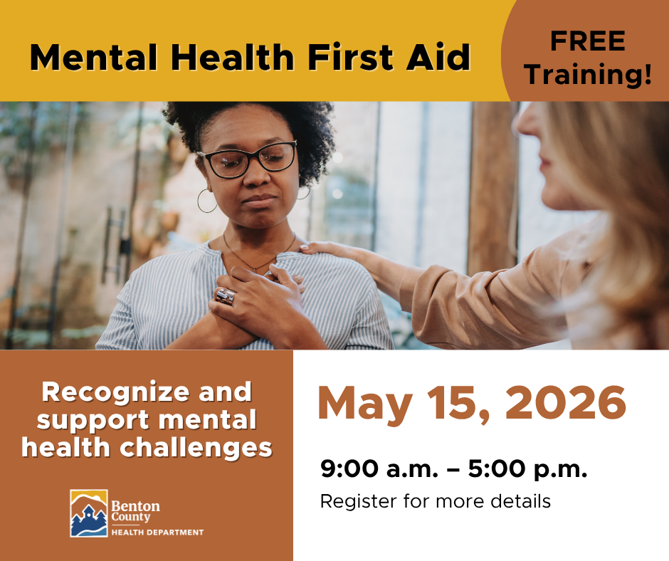 A person holding their hands against their chest while another person comforts them, promoting a free mental health training on May 15.