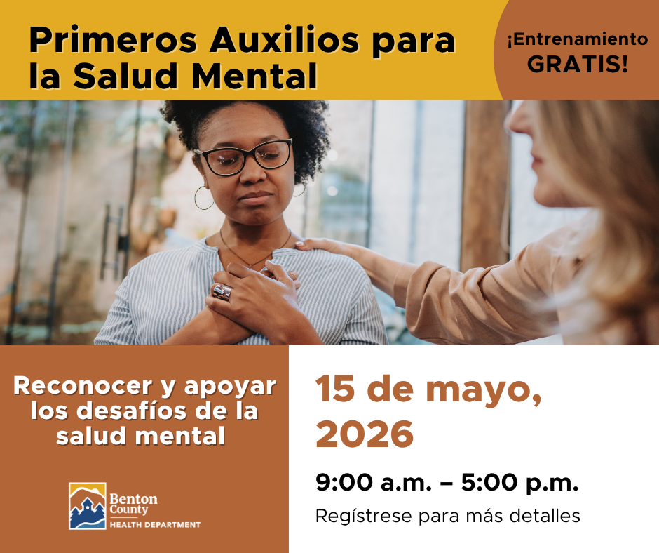 A person holding their hands against their chest while another person comforts them, promoting a free mental health training on May 15.