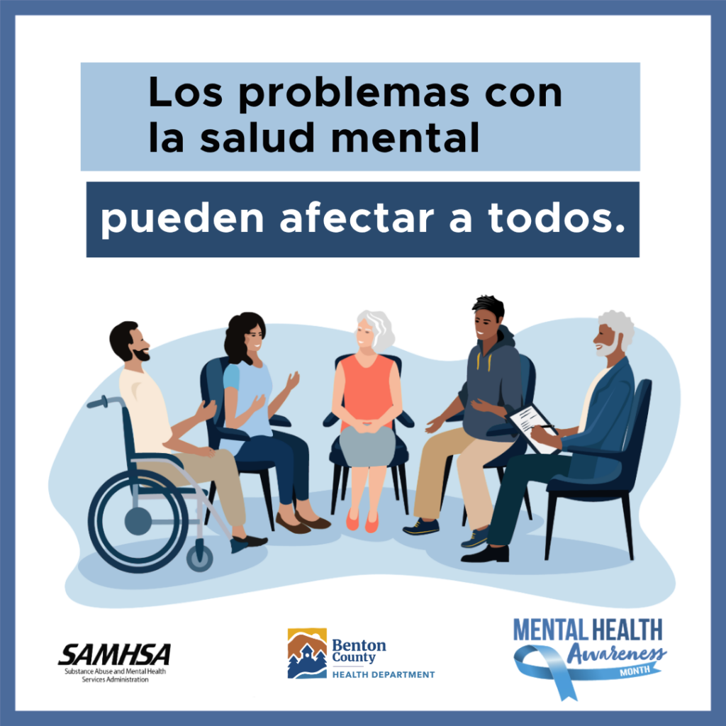 Un grupo diverso en una sesión de apoyo a la salud mental, con un texto que resalta que los desafíos de salud mental afectan a todos.
