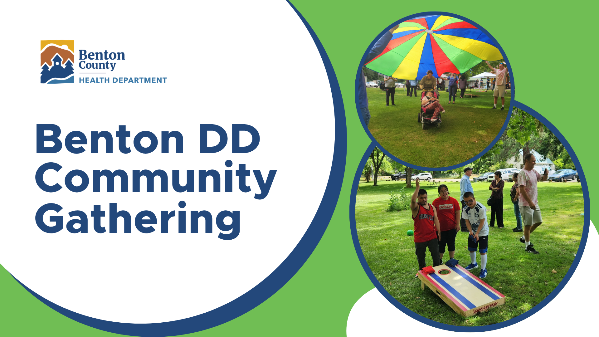 People playing cornhole, parachute games, and conversing in a park, highlighting the Benton DD Community Gathering.