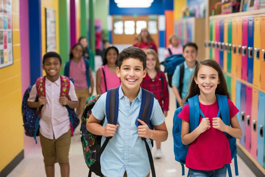 Diverse children wearing backpacks and walking in a colorful school hallway.
