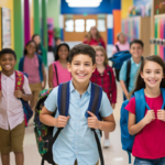 Diverse children wearing backpacks and walking in a colorful school hallway.