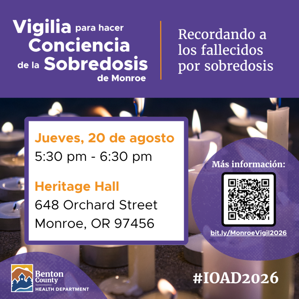 Colores morado y naranja sobre un fondo de velas blancas encendidas. El texto dice: "Recordando a los fallecidos por sobredosis".
