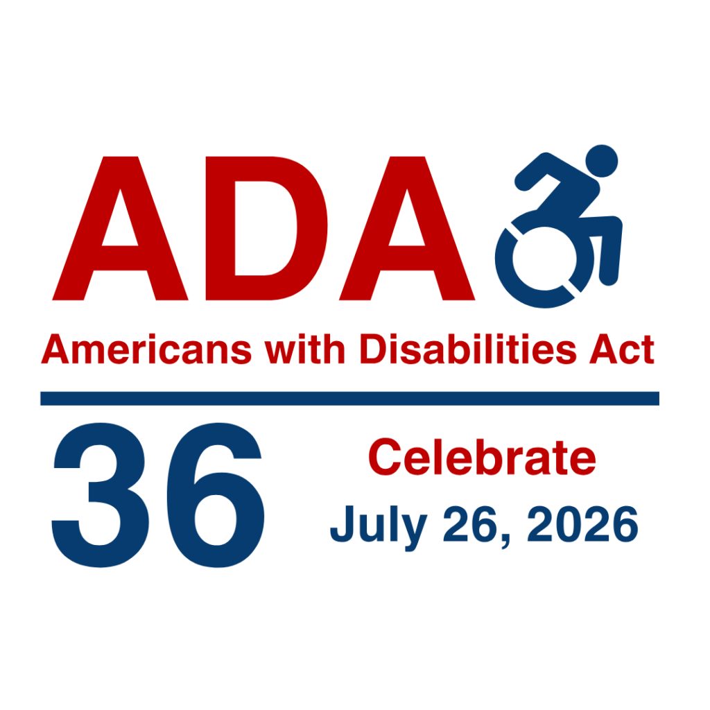Logo celebrating the 36th anniversary of the Americans with Disabilities Act on July 26, 2026, featuring a wheelchair accessibility symbol.