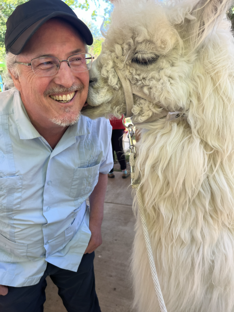 A man with gray facial hair wearing glasses and a black hat smiling while being kissed by a llama.