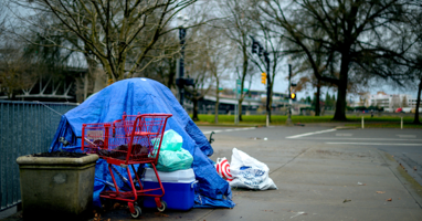 A blue tented tarp with shopping bags next to it on a sidewalk near a crosswalk.