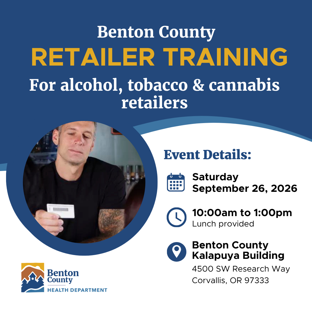 Event details for Benton County's retail training featuring a bartender checking ID.