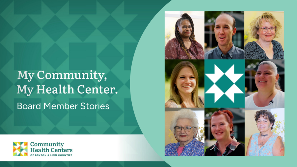 Collage of diverse board members from Community Health Centers with text highlighting personal stories and community focus.