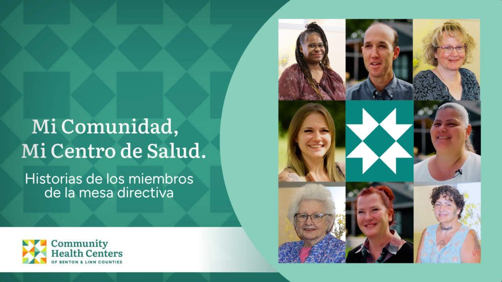 Imagen de diversos miembros de la mesa directiva de los Centros de Salud Comunitarios, con texto que destaca historias personales y el enfoque comunitario.