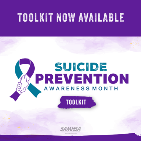 A purple and teal ribbon with hands grasping each other promoting Suicide Prevention Month and the digital toolkit now available.